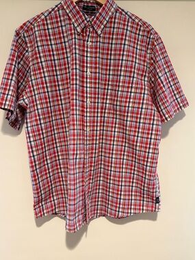 Ralph Lauren Chaps Cotton Red White Blue Plaid Short Sleeve Button Up Shirt, XL